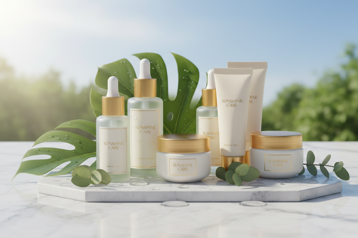 GEERATE GOOD HERO IMAGE FOR STORE UPFRONT NICHE SKINCARE COSMETICS IF U CAN ADD SUNSHINE CARE AS LOGO ON PRODUCTS WILL BE PERFECT 